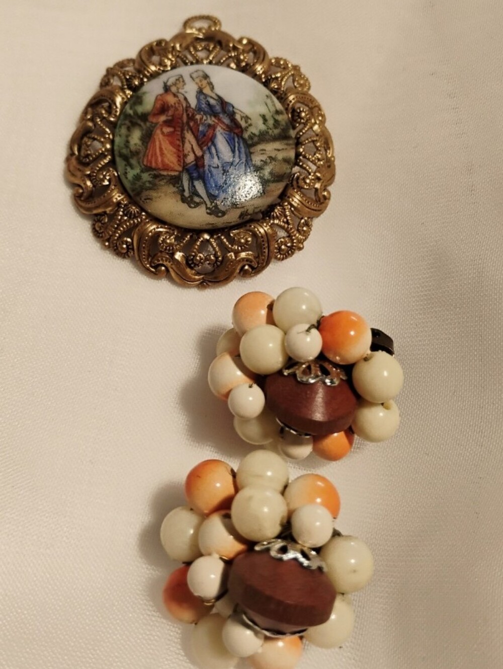 Vintage 50's W. Germany Brooch AND Japan Beaded Clip On Earrings Set/Unique